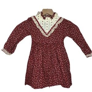 Vintage Polly Flinders Dress Smocked Girl's 4 Maroon Red Floral Lace Cottagecore
